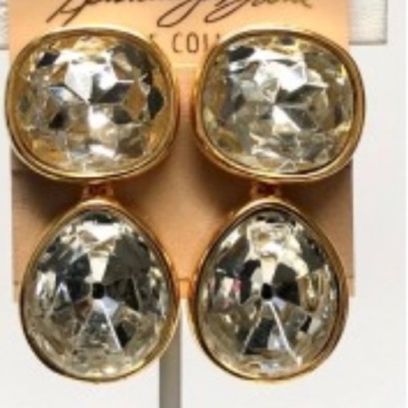 KENNETH JAY LANE, 2″ INCH DOUBLE CRYSTAL DROP CLIP EARRING, ROUND TOP TEAR DROP - Picture 1 of 4